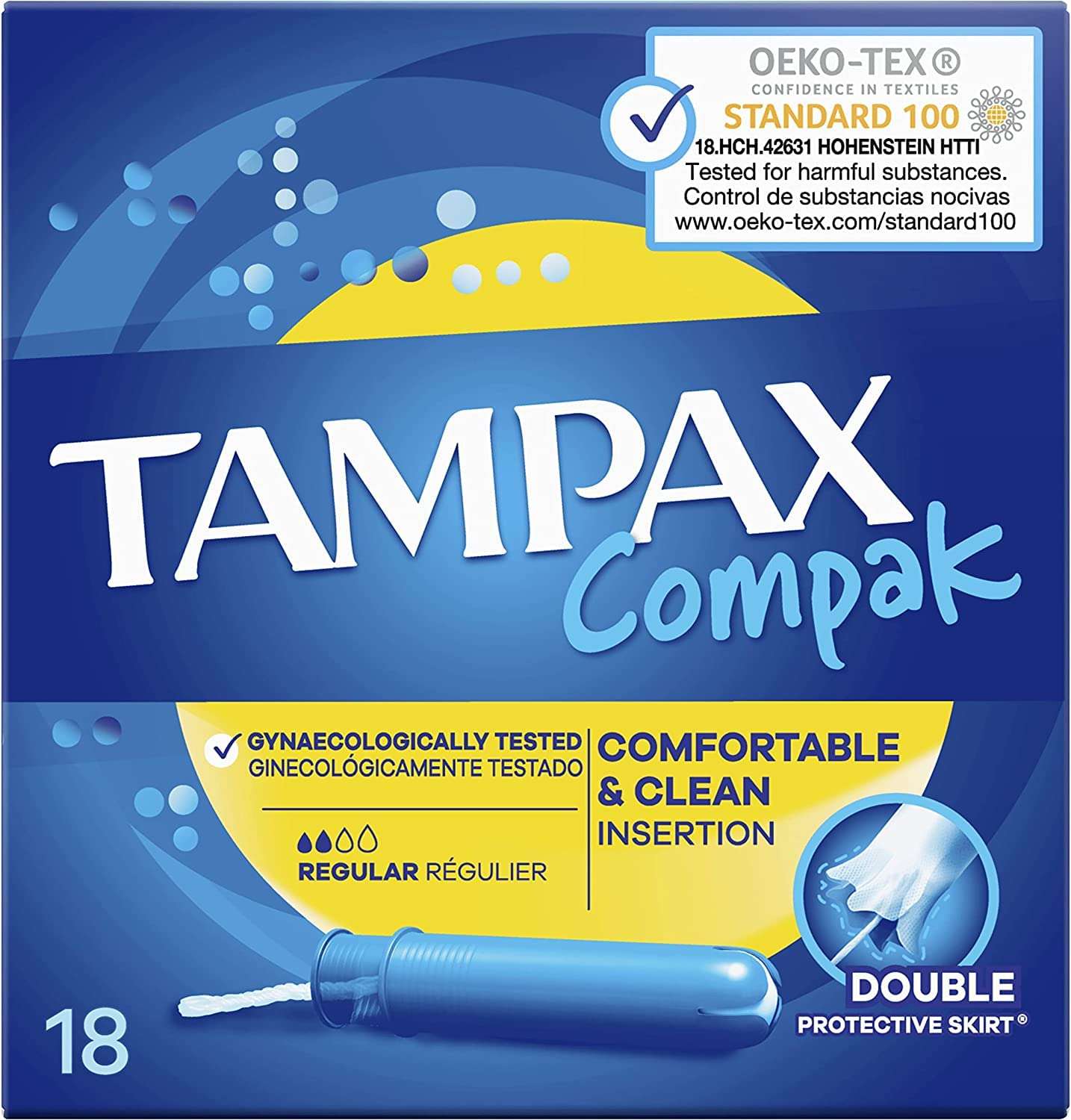 Tampax Compak Super Plus tampons box with blue applicator and comfortable clean insertion label