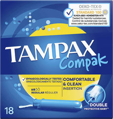 Tampax Compak Super Plus tampons box with blue applicator and comfortable clean insertion label