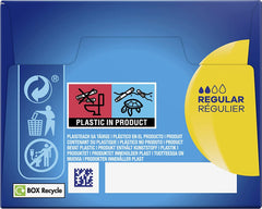 Tampax Compak Super Plus tampons blue box back panel showing plastic in product warning icons and recycle logo