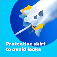 Tampax Compak Super Plus tampons with protective skirt shown close up arrows and droplets highlighting leak protection