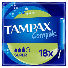Tampax Compak Super tampons UAE pack of 18 with blue compact applicator and visible string blue green packaging