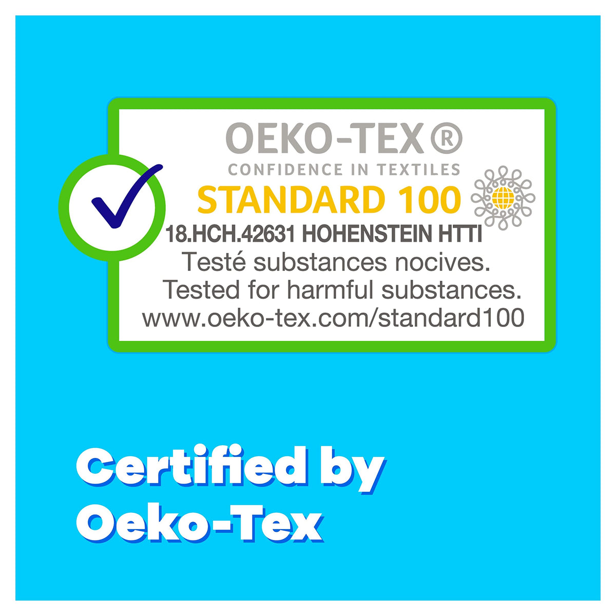 Tampax Compak Super tampons UAE Oeko Tex Standard 100 certification label on blue background