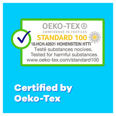 Tampax Compak Super tampons UAE Oeko Tex Standard 100 certification label on blue background