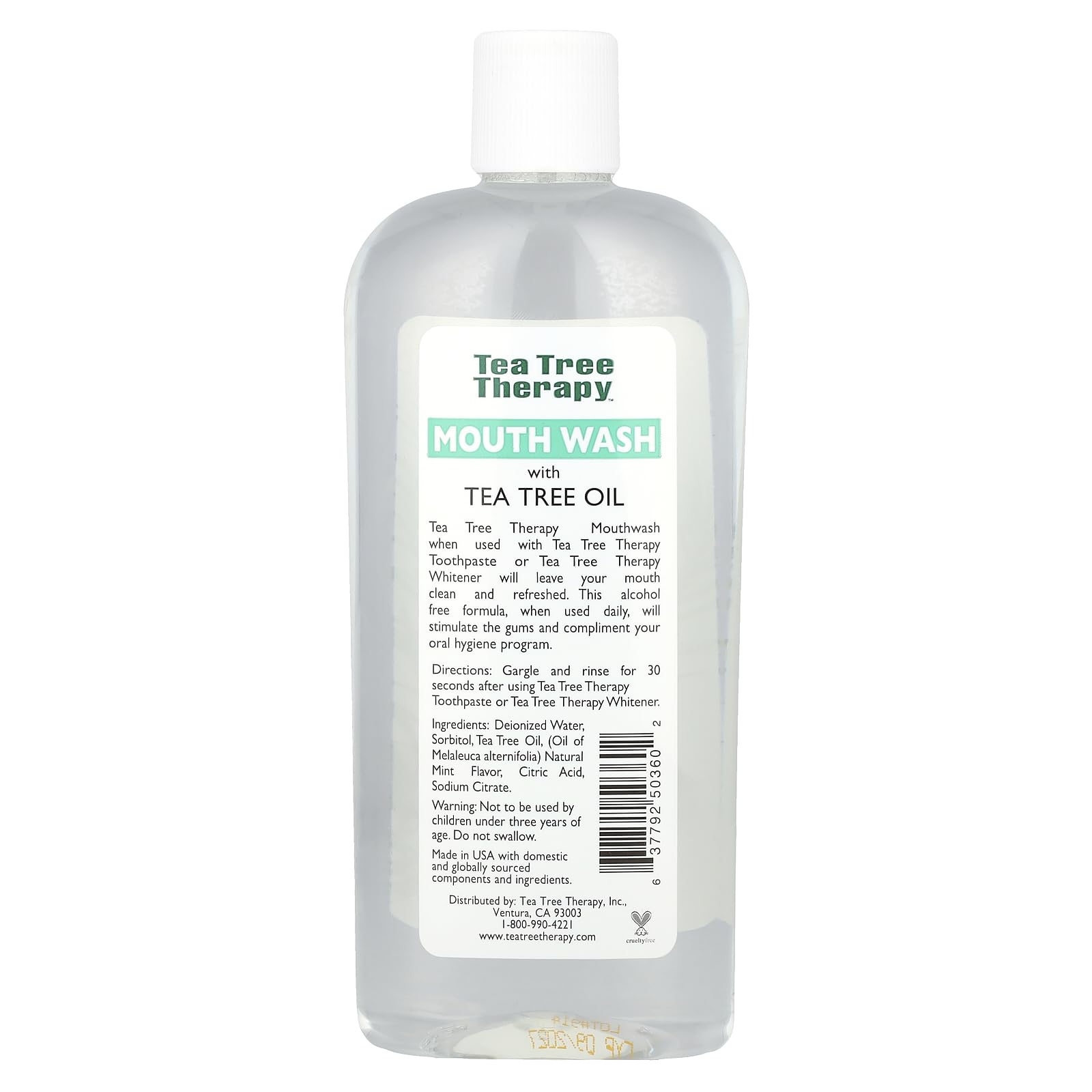 Tea Tree Therapy clear bottle mouthwash with white cap showing label tea tree oil mouthwash for fresh breath