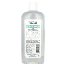 Tea Tree Therapy mouthwash bottle back label, tea tree oil, alcohol free