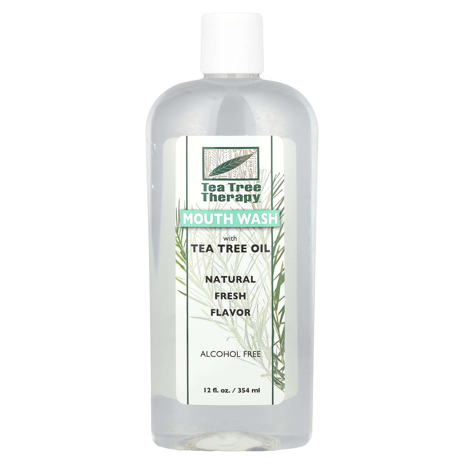 Tea Tree Therapy bottle of tea tree oil mouthwash alcohol free natural fresh flavor 12 fl oz