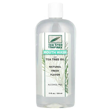Tea Tree Therapy mouthwash bottle, tea tree oil, natural fresh flavor, alcohol free