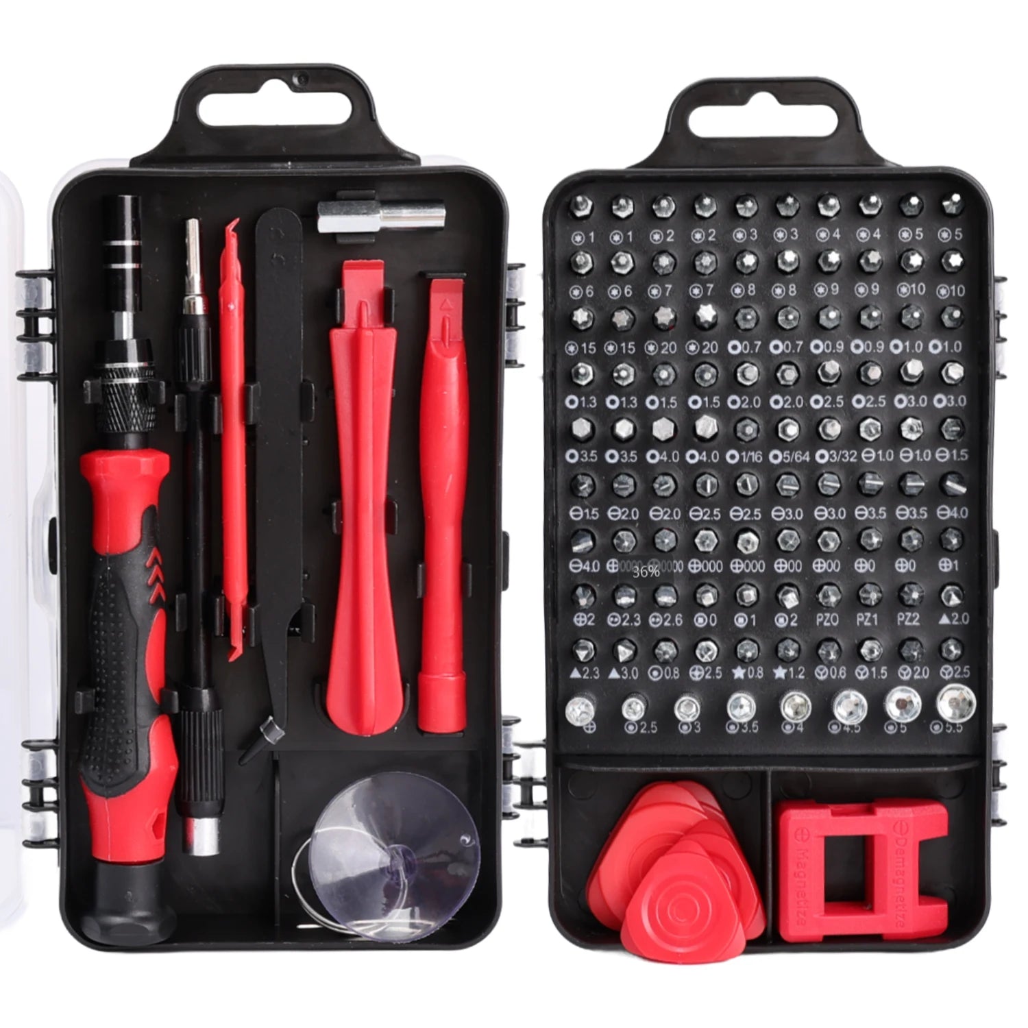 Mumzar precision screwdriver set for electronics with over 100 bits, red handle and pry tools