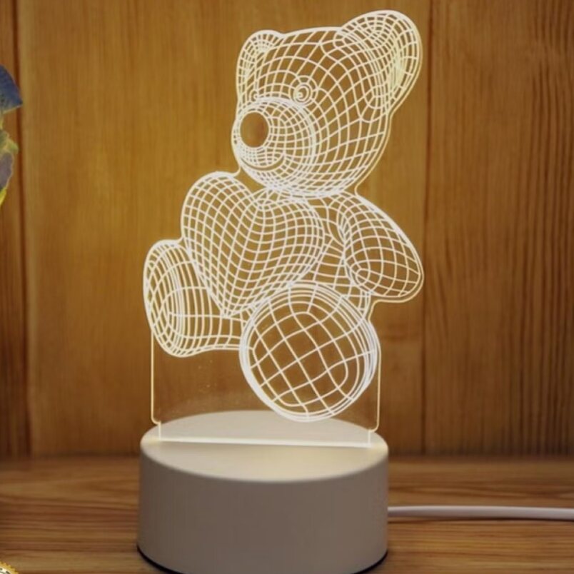 Huitich kids night lights teddy bear 3D LED lamp with white glowing heart design