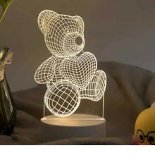 3D LED teddy bear night light, white wireframe grid, on glowing round base