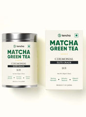 Tencha Ceremonial Grade Matcha Green Tea in tin and box with vibrant packaging for traditional tea preparation