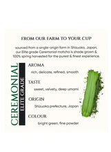 Tencha ceremonial matcha elite grade profile card with aroma, taste, origin, colour