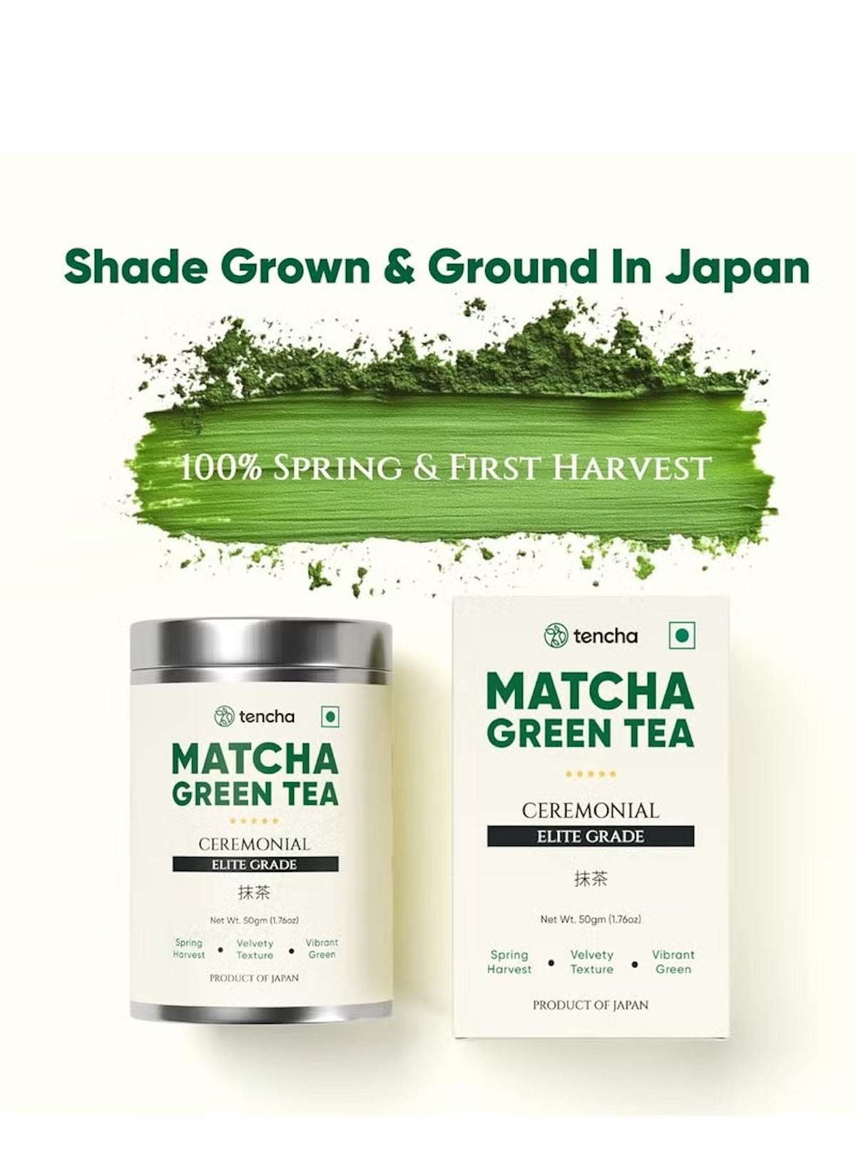 Ceremonial grade matcha green tea from Tencha in a sleek canister, perfect for tea enthusiasts