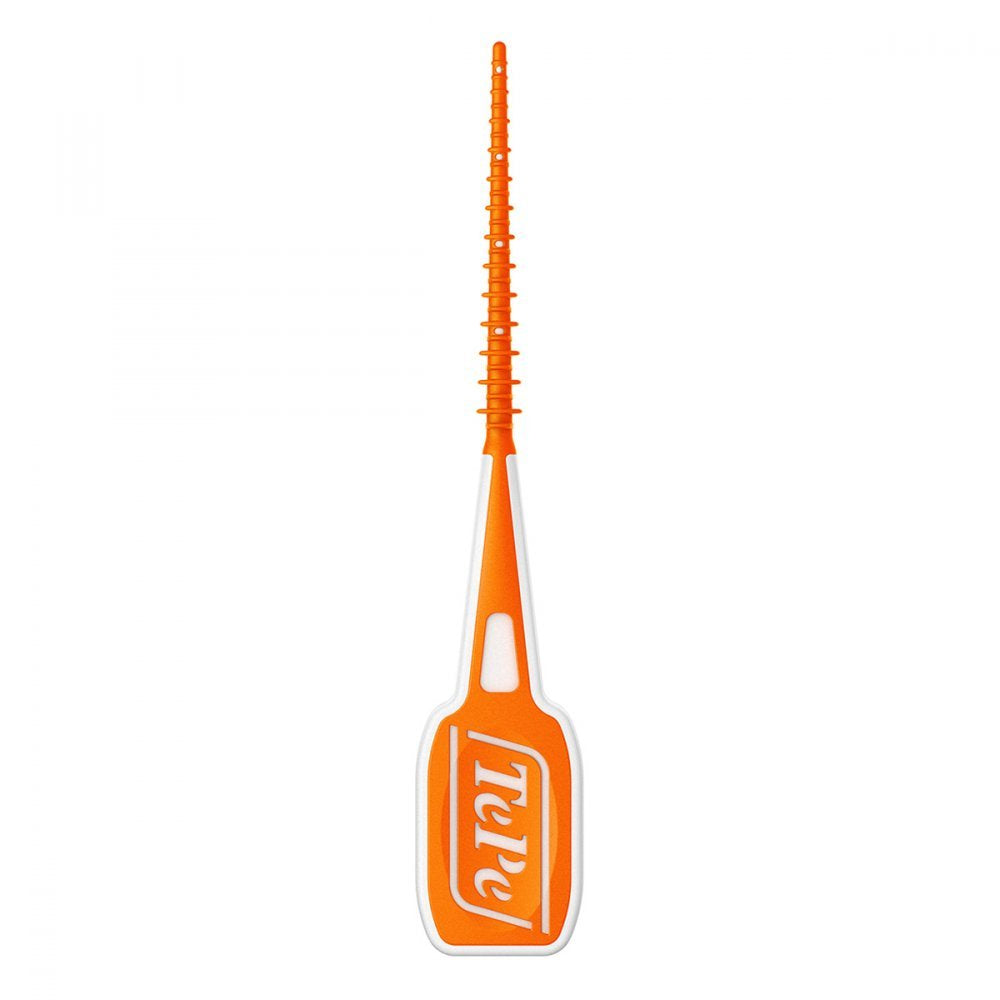 Orange TePe EasyPick toothpicks for narrow gaps. Flexible ridged pick with ergonomic handle