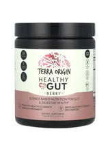 Healthy gut supplement jar, Berry flavor, black lid and white label