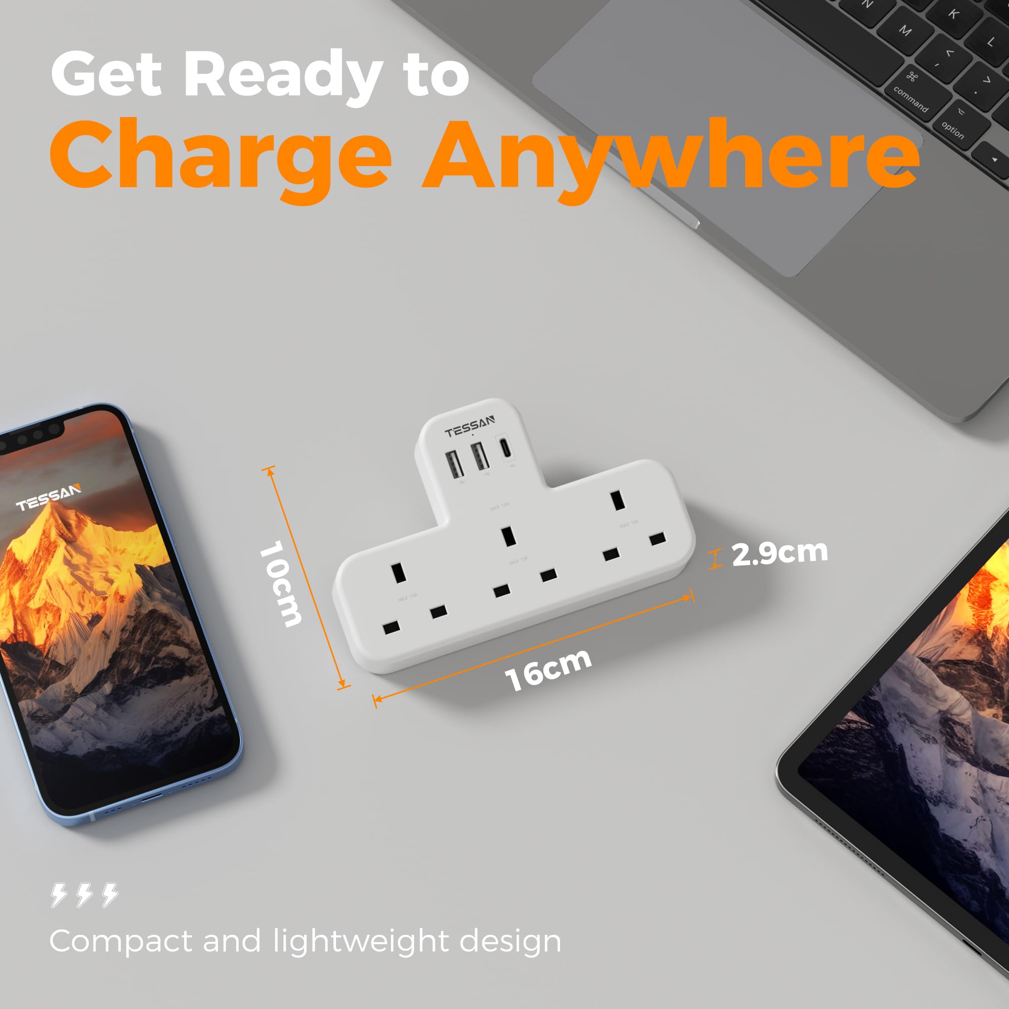 TESSAN 3 Way Plug Extension Socket with USB Charging - Mumzar