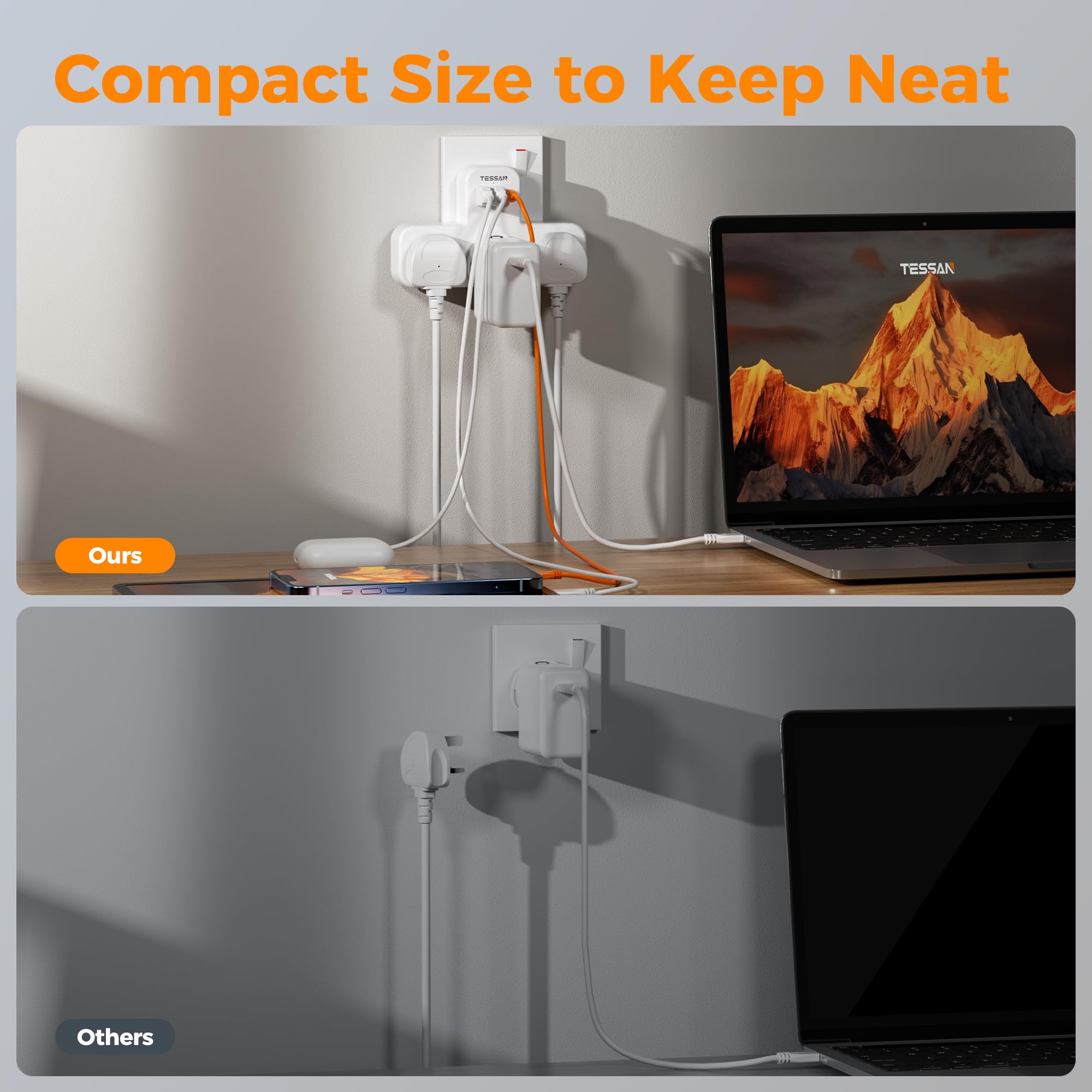 TESSAN 3 Way Plug Extension Socket with USB Charging - Mumzar