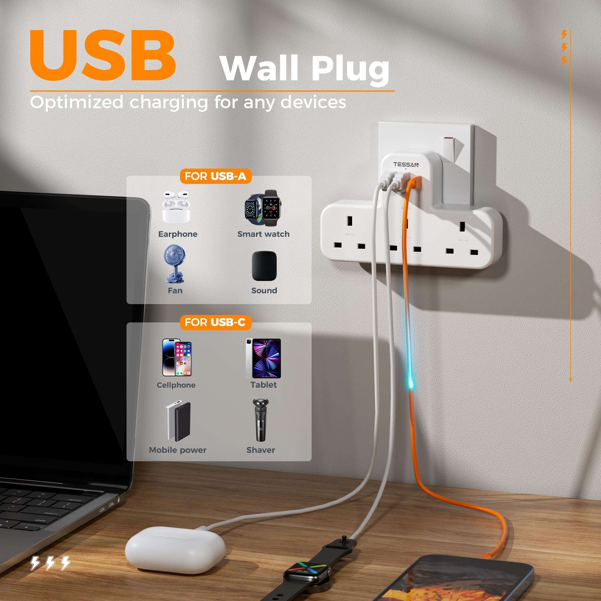 TESSAN 3 Way Plug Extension Socket with USB Charging - Mumzar
