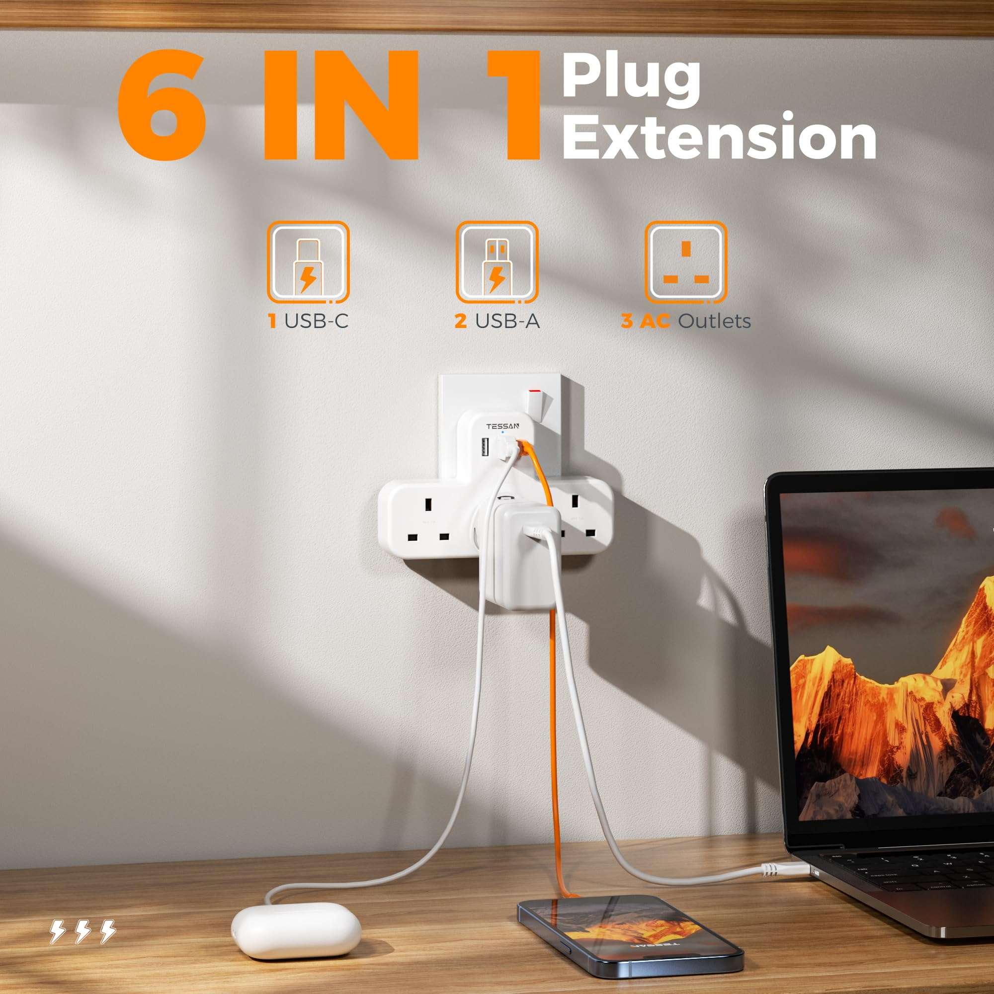 TESSAN 3 Way Plug Extension Socket with USB Charging - Mumzar