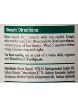 Oral rinse directions and ingredients label on bottle