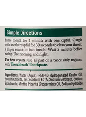 The Breath Co. fresh breath oral rinse in a clear bottle with user instructions for effective mouth care