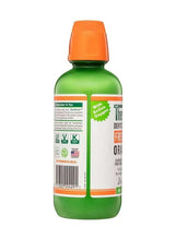 Oral rinse bottle, green with orange cap, back label view