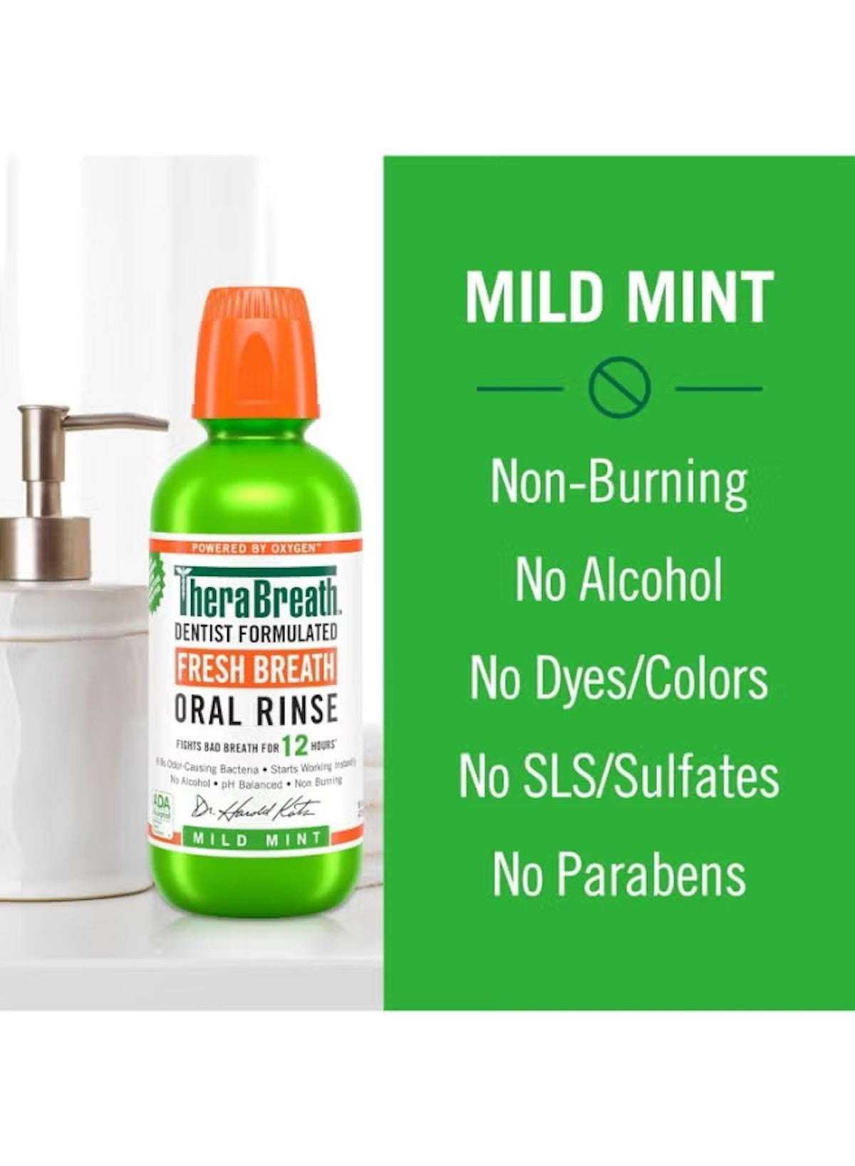 TheraBreath Mild Mint Fresh Breath Oral Rinse in Green Bottle for Non-Burning Fresh Breath