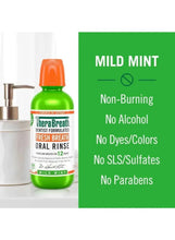 Oral rinse bottle with mild mint panel: non-burning, no alcohol, no dyes/colors