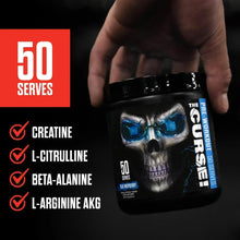 Pre-workout powder tub with blue skull label, 50 serves, creatine and l-citrulline