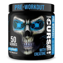 Pre-workout powder tub with black lid, blue skull graphics, 50 serves
