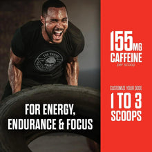 Pre-workout powder tub with 155 mg caffeine per scoop and 1 to 3 scoops text
