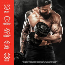 Pre-workout powder tub held while showing Energy, Strength, Endurance, Pumps, Focus icons