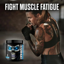 Pre-workout powder tub with blue skull label and “fight muscle fatigue” text