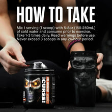 Pre-workout powder tub with scoop pouring powder into a container