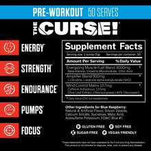 Pre-workout supplement facts panel with 50 serves and energy strength endurance pumps focus