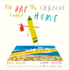 The Day The Crayons Came Home book cover featuring a green crayon with a travel bag and colorful title text