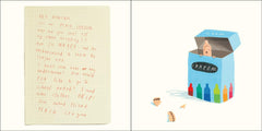 Illustration from The Day The Crayons Quit book showing a handwritten letter and a box of crayons with faces