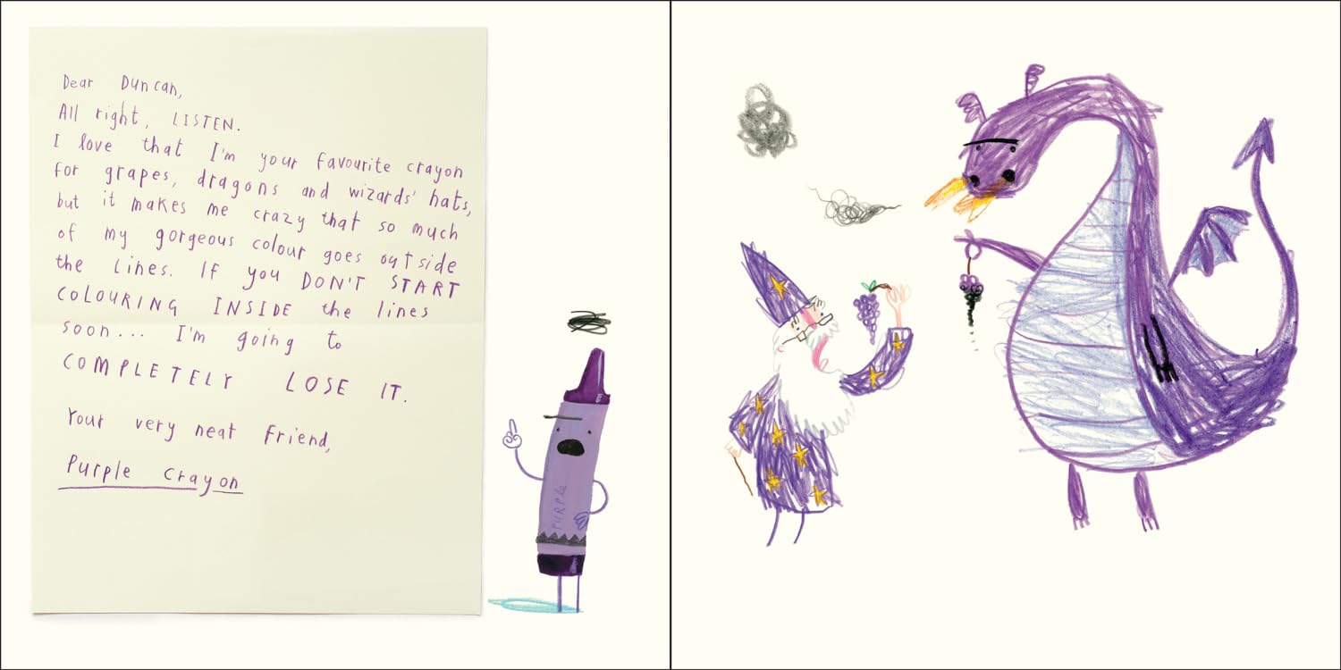 Handwritten letter and colorful dragon illustration from The Day The Crayons Quit book by Mumzar