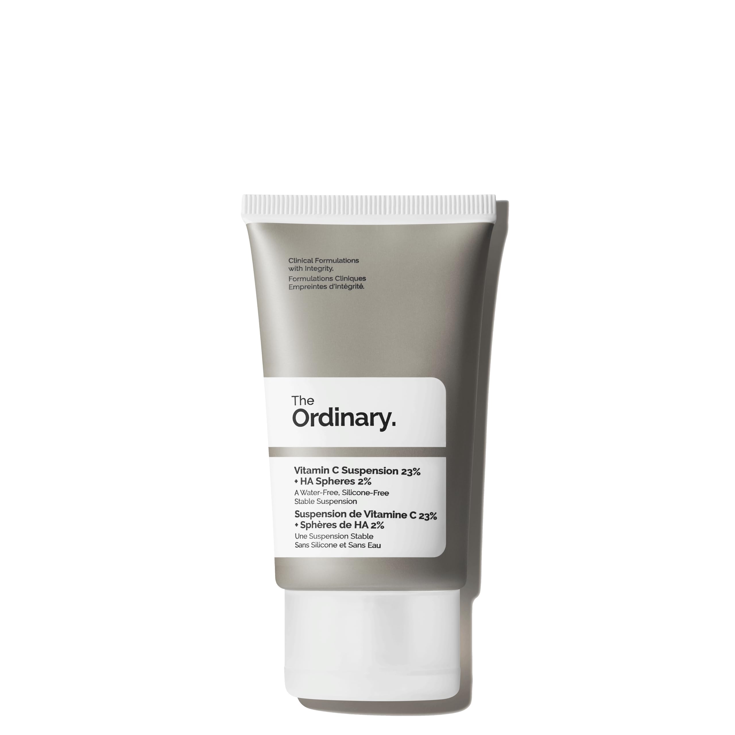 The Ordinary Vitamin C Suspension . 23 percent plus HA spheres in gray squeezable tube on white background
