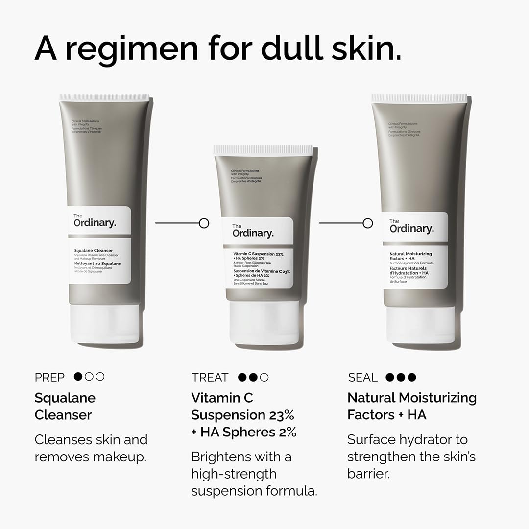 The Ordinary product image with The Ordinary Vitamin C Suspension . center tube and Squalane Cleanser and Moisturizing Factors