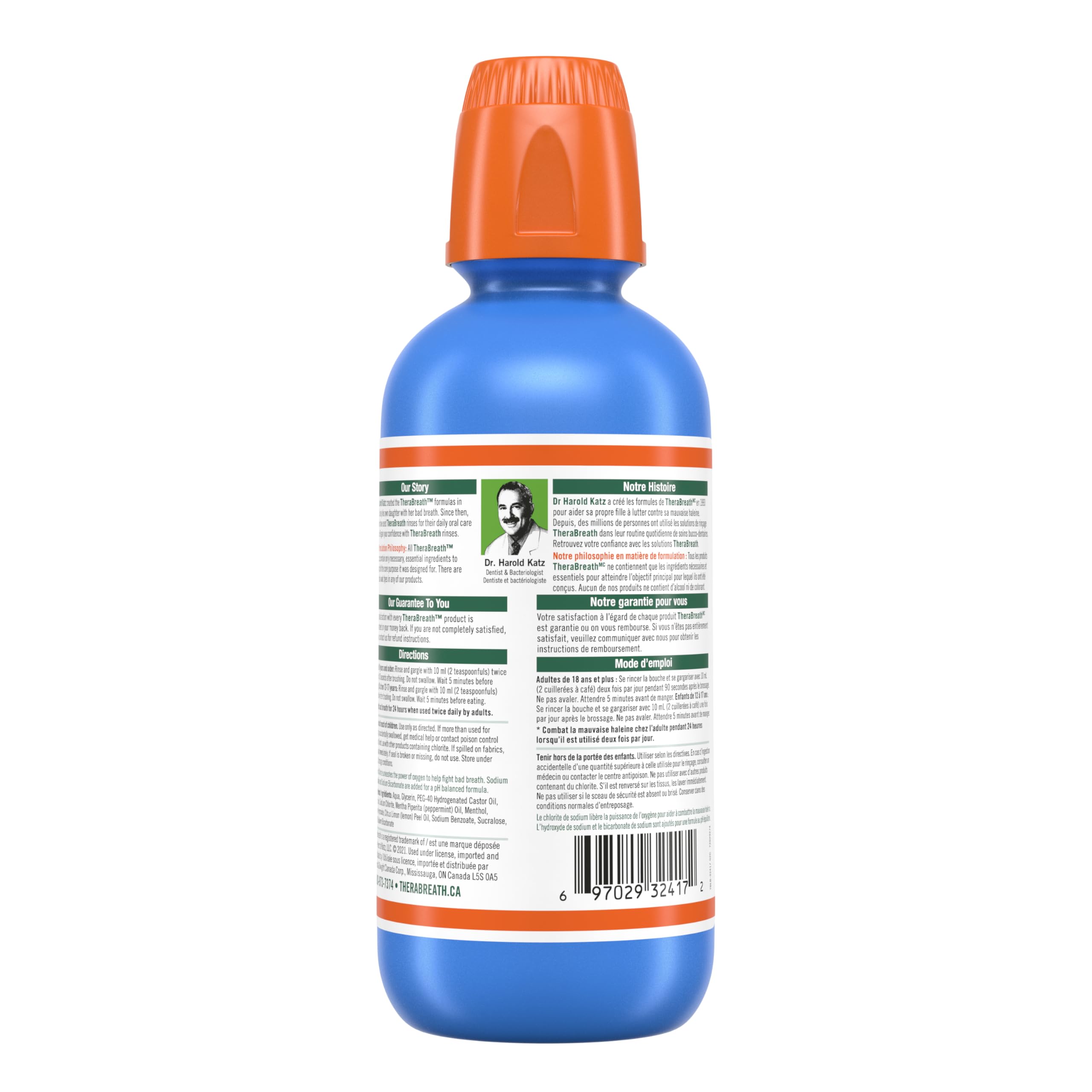 TheraBreath Fresh Breath Mouthwash blue bottle with orange cap showing back label and barcode