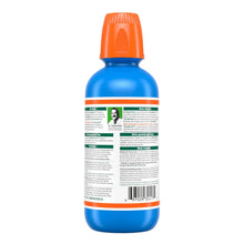 TheraBreath Fresh Breath oral rinse bottle back view with orange cap and blue liquid