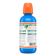 TheraBreath Fresh Breath Mouthwash blue bottle with orange cap showing back label and barcode