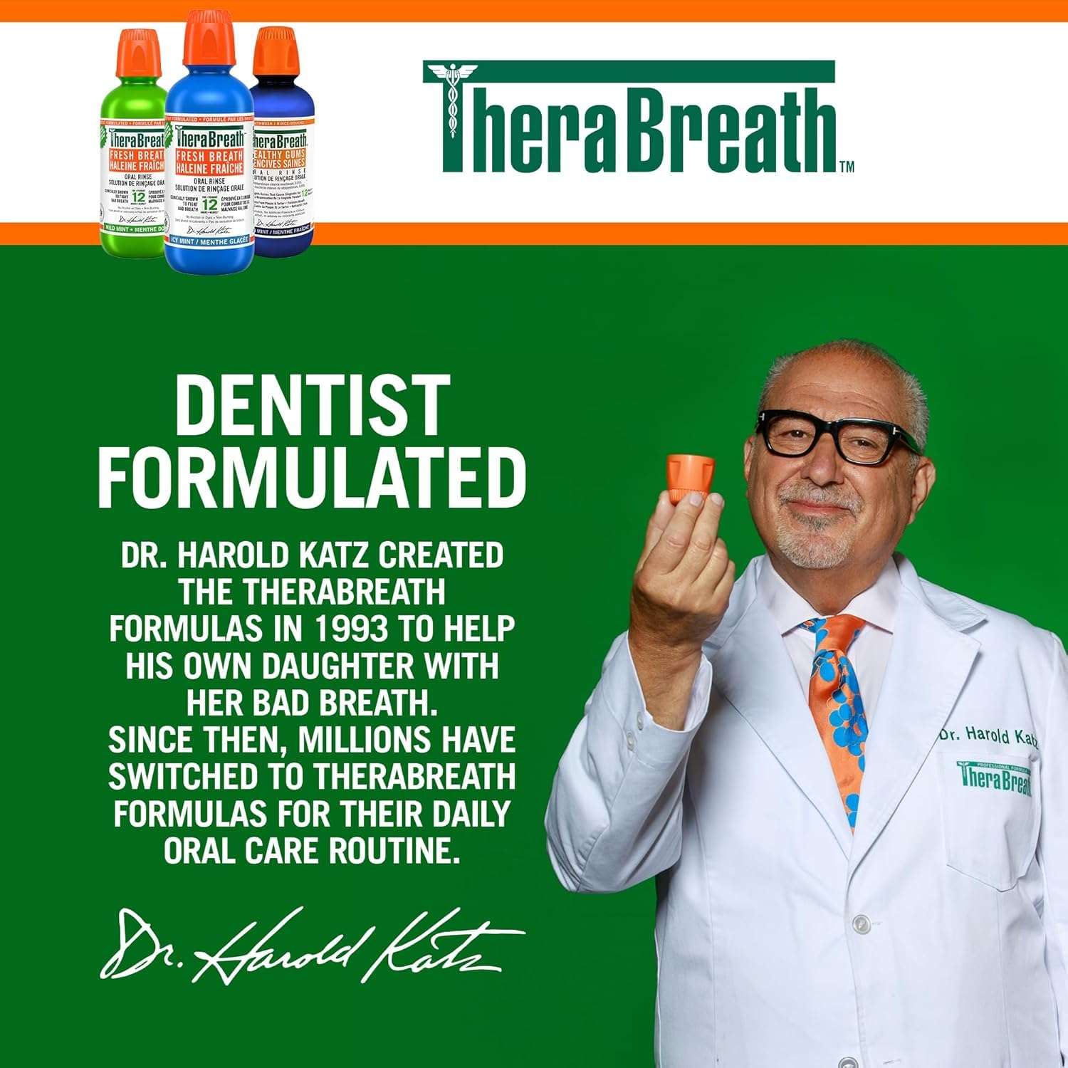 TheraBreath Fresh Breath Mouthwash promotional image showing Dr Harold Katz in lab coat holding a rinse cup with product bottles