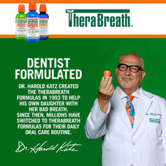 TheraBreath Fresh Breath Mouthwash promotional image showing Dr Harold Katz in lab coat holding a rinse cup with product bottles
