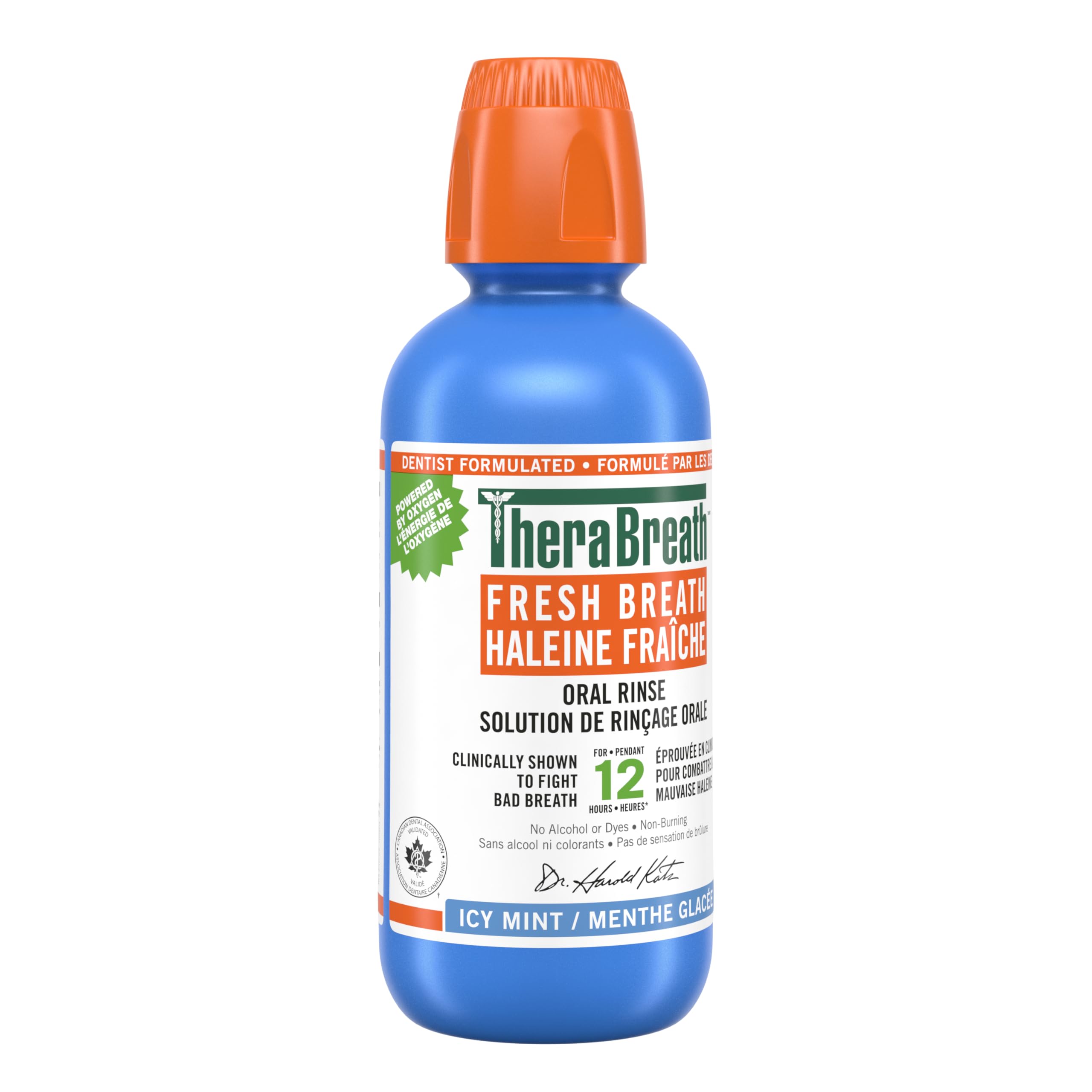 TheraBreath Fresh Breath Mouthwash blue bottle with orange cap icy mint oral rinse for 12 hour bad breath protection