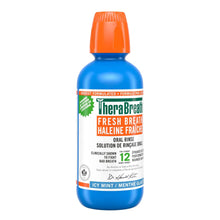 TheraBreath Fresh Breath oral rinse bottle back label with orange cap and blue base