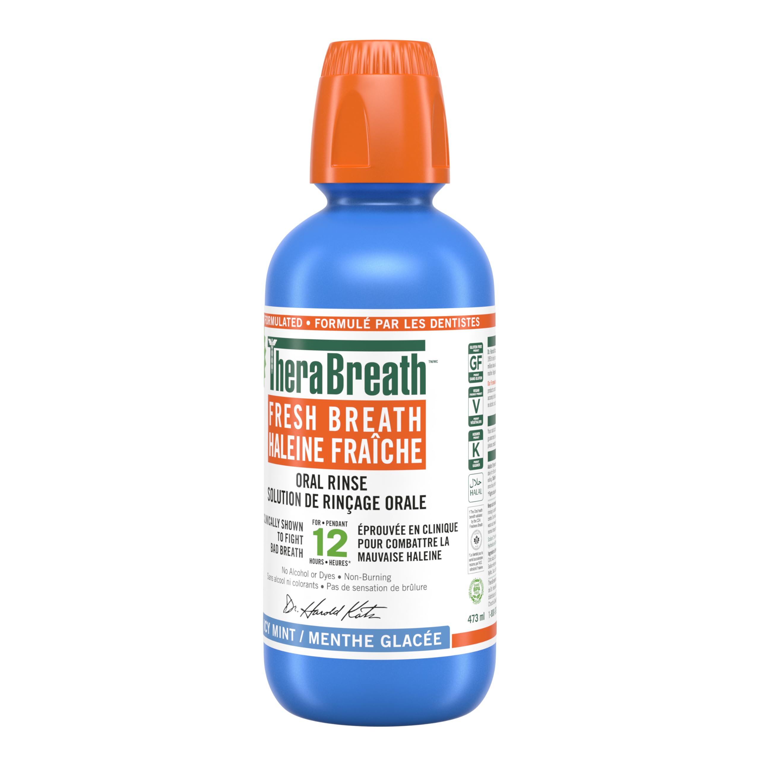 TheraBreath Fresh Breath Mouthwash blue bottle with orange cap 12 hour mint oral rinse by TheraBreath