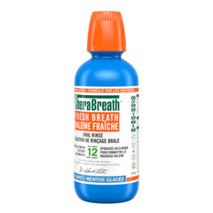 TheraBreath Fresh Breath Mouthwash blue bottle with orange cap 12 hour mint oral rinse by TheraBreath