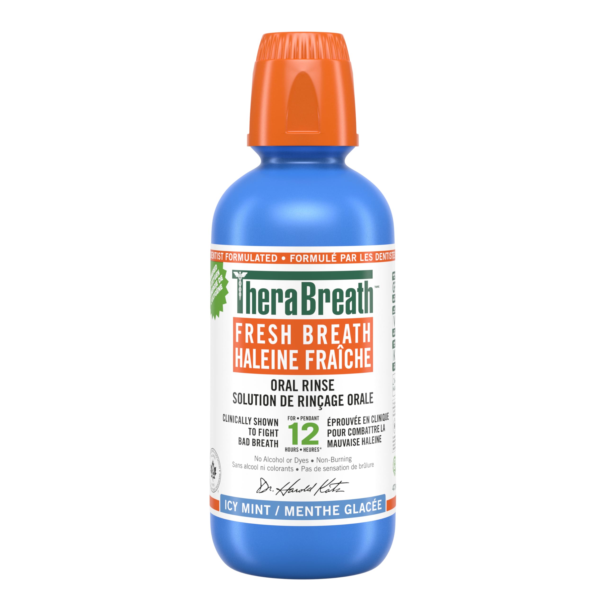 TheraBreath Fresh Breath Mouthwash blue bottle with orange cap icy mint oral rinse label